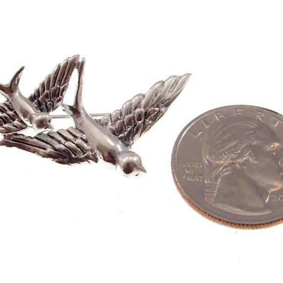 Solid 925 Sterling Silver Diving Birds Pin / Swallows Brooch, Rockabilly Jewelry - Picture 5 of 8